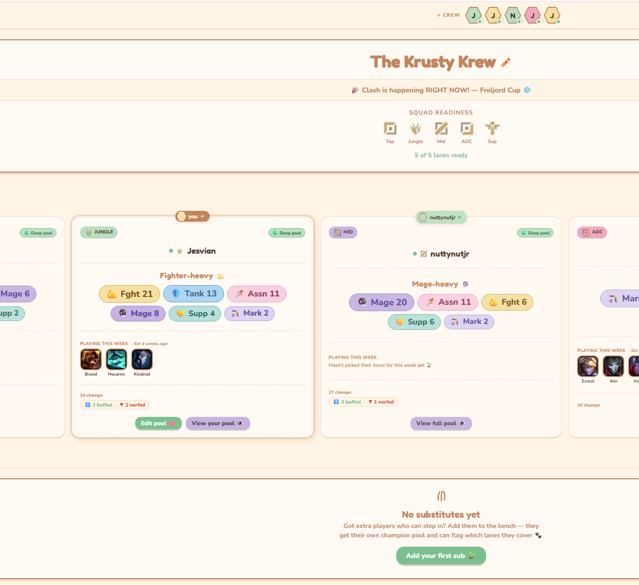 Cozy Draft's team home: squad readiness across all five lanes and each player's champion pool