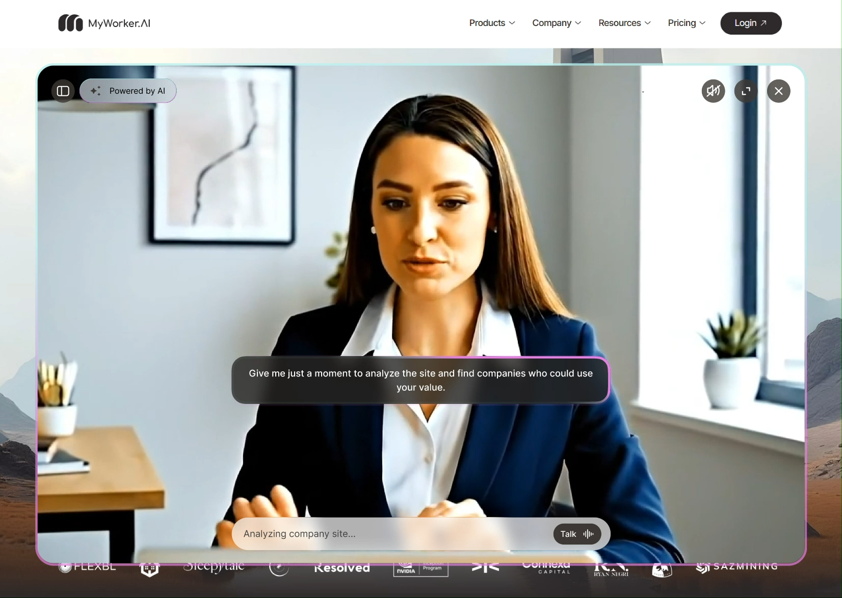 The AI analyzing the company site, with a status line in the input: Analyzing company site