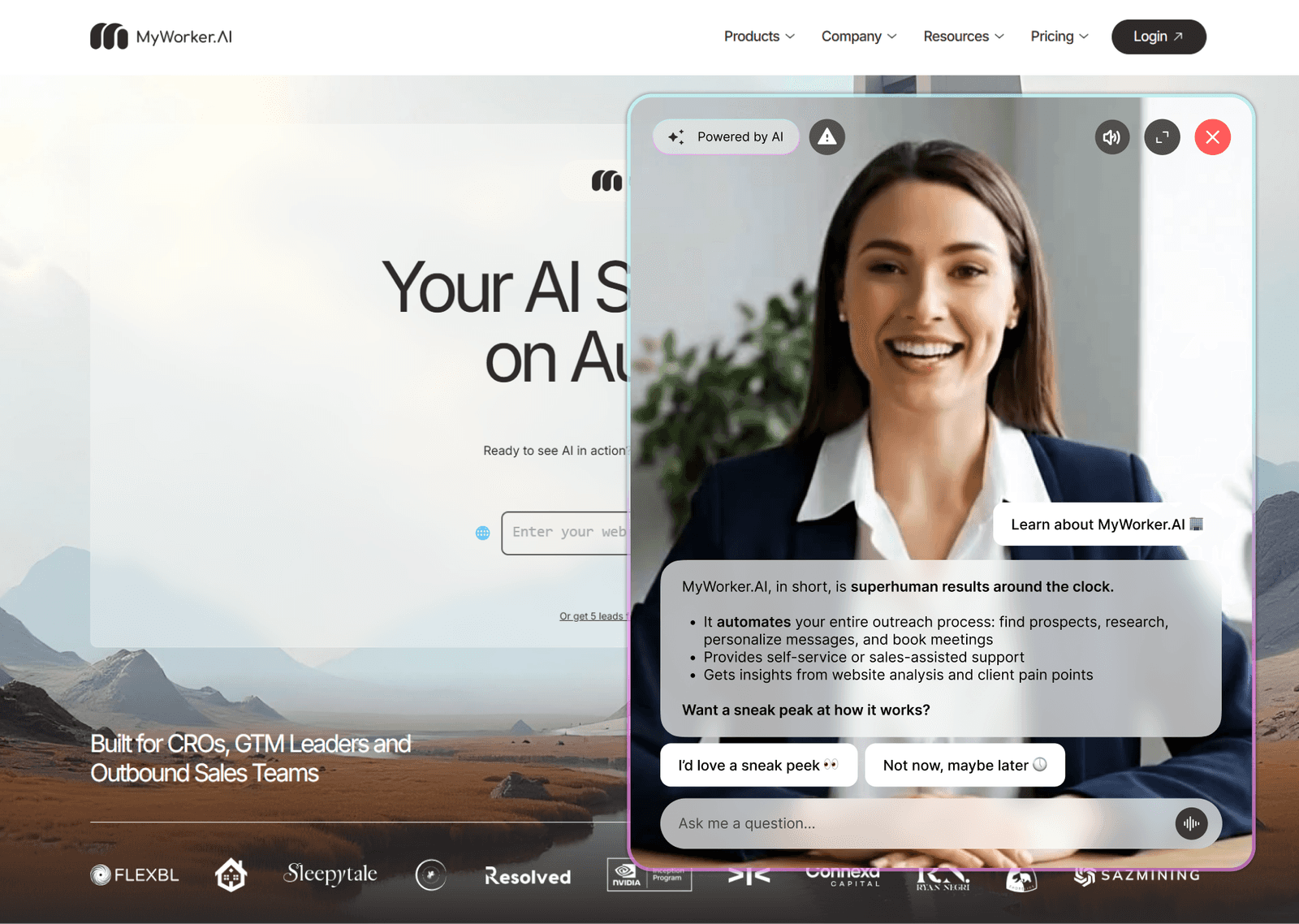 MyWorker.AI landing page with the concierge chat open