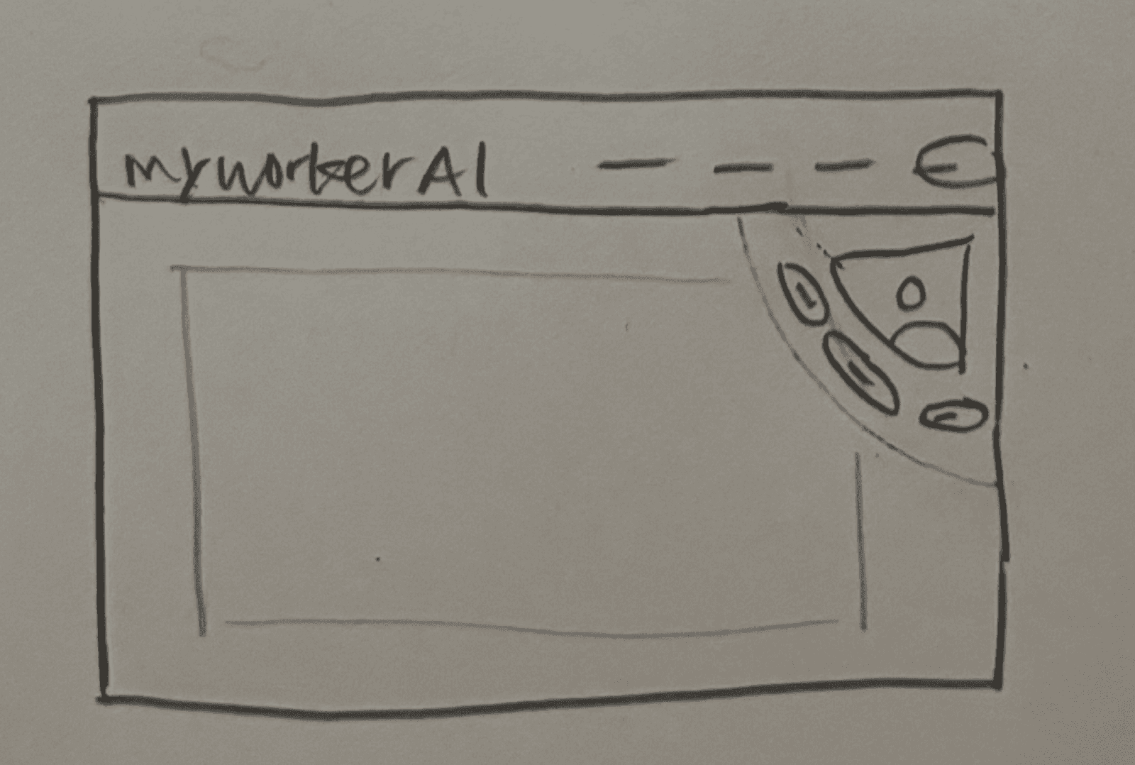 Early hand sketch of the MyWorker.AI page with the avatar tucked in the corner