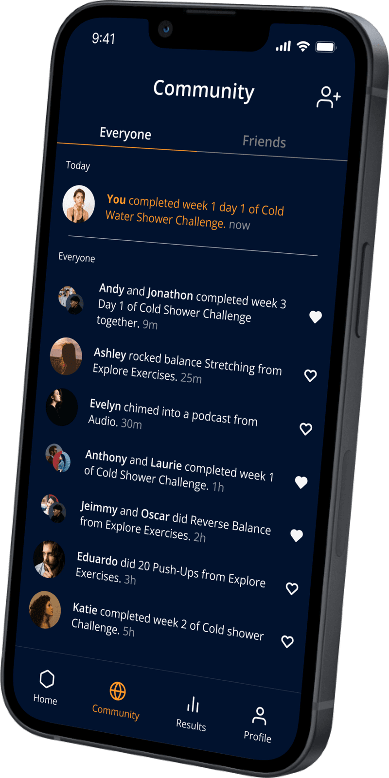 Community feed showing friends' completed challenges with heart reactions
