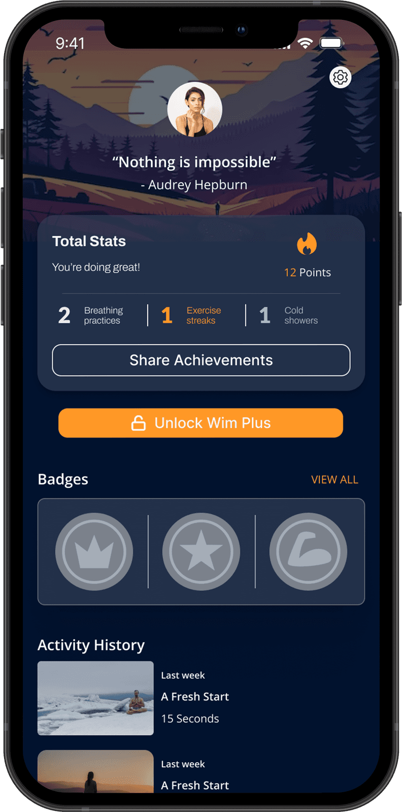 Profile with total stats, points, share achievements, badges and activity history
